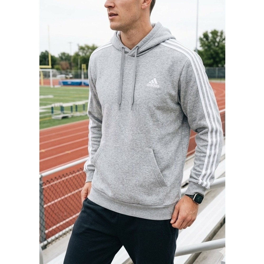 Adidas Essentials 3-Stripes Fleece Hoodie Men LT L Tall Grey Pullover NEW NWT
